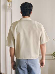 Manfinity Unisex Casual Men's Woven Fabric Half Sleeve Shirt With Tropical Plant Print And Button Front In Apricot Bowling Shirt For Men Cuban Shirt Mens Palm Tree Shirt - Apricot - View 3