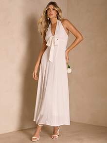 Enchnt 女士V领蝴蝶结亚麻休闲连衣裙 - 白色 - 查看 4
