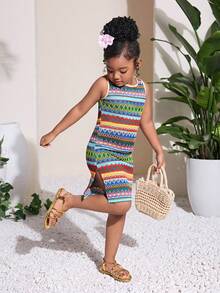 年轻女孩休闲度假时尚条纹连衣裙 - 綠色 - 查看 4