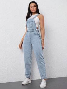 Flexra Women's Solid Color Pocket Casual Versatile Sleeveless Denim Jumpsuit - Light Wash - View 5