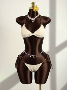 Zestiva 女士夏季沙滩三件套：蕾丝提花网纱三角系带上衣、侧边系带长裤、不对称网纱T恤、泳装套装 - 米色 - 查看 5