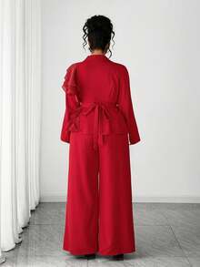 Elenzga 大码女士优雅3D立体花卉荷叶边套装，酒红色裤装外套，时尚通勤春夏两件套，适合毕业典礼、节日、情人节、音乐节、母亲节、万圣节、感恩节、复活节、国庆节、晚宴、约会、派对、婚礼、郊游等场合。 - 酒紅色 - 查看 2