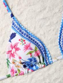 Swim Vcay Women's Print Backless Bikini 3-Piece Set Including Triangle Panty, Triangle Skirt, French Elegant Beach Vacation, Spring/Summer - Multicolor - View 6