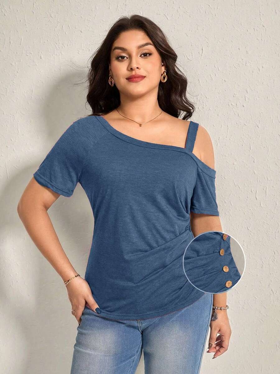 Comfylo Plus Size Solid Color Asymmetric Shoulder Pleated Casual Versatile Summer T-Shirt - Cadet Blue - View 1