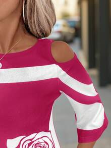 Editum Đầm suông trễ vai in hoa hồng phối màu tương phản thanh lịch dành cho nữ - Màu Hồng Tươi - Xem 4