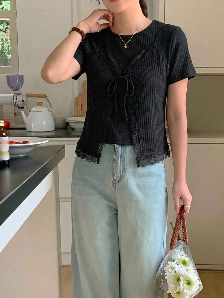 Women's 2 In 1 Lace Patchwork Round Neck Short Sleeve T-Shirt Summer