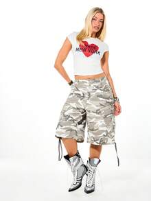 SUMWON WOMEN Plain Cropped Short Sleeve Graphic Tee With I Hate New York Heart Print Statement Top - White - View 3