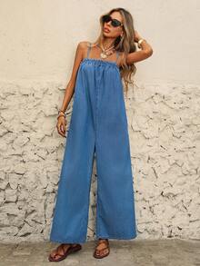 Brillora Women's Vacation Frill Trim Wide Leg Loose Casual Denim Jumpsuit Summer Outfits Spring Clothing Spring Outfit Women  Easter Jumpsuit Women  Festival Outfits For Women Beach Outfit Graduation Jumpsuit Casual Jumpsuit For Women Vacation Outfits Women Holiday Outfits For Women Beach Vacation Outfits For Women Women's Sleeveless Denim Jumpsuit With Spaghetti Straps And Wide Leg For Summer Casual Outfits - Light Wash - View 10