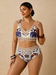 Travachic Bộ bikini buộc cổ in họa tiết nhiệt đới cỡ lớn, đồ bơi phong cách Bohemian cho kỳ nghỉ biển. - Màu be - Xem 6