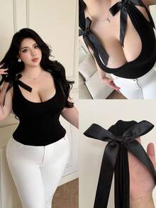 Vibekara 加大码性感黑色蝴蝶结露背吊带衫 - 黑色 - 查看 1