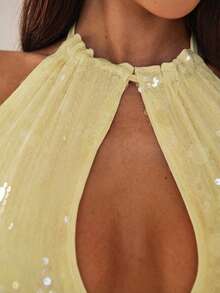 Aloruh 女士优雅性感时尚闪亮亮片露背吊带背心，适合情人节、约会、派对、春夏外出等场合 - 黃色 - 查看 7