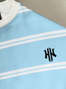 Manfinity Joysei 男士休闲条纹印花圆领短袖T恤，夏季 - 水鴨藍 - 查看 3