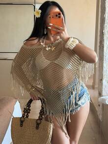 Franclia 新款夏季不对称露肩镂空休闲波西米亚风流苏下摆套头毛衣，宽松度假风，休闲日常百搭 - 卡其色 - 查看 5