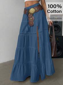 Falda de playa bohemia para mujer, falda maxi de mezcla de lino con corte alto, cintura elástica y ribete de encaje, esencial para festivales de música y vacaciones, falda de línea A de verano, verano para mujer, vacaciones para mujer, pla - Azul - Ver 3