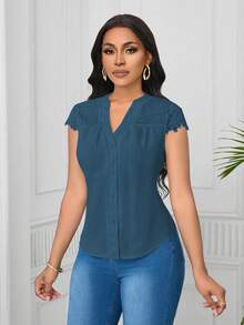 Lunelith SHEIN Lunessa Elegant Lace Patchwork Wave Striped Short Sleeve Women Blouse - Teal Blue - View 4