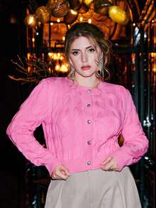 VOLUPTÉ CURVE Plus Size Elegant Textured Pink Knit Cardigan With Metal Button Decor, Slim Fit Short Cardigan, Versatile & Comfortable, Suitable For Commuting And Gatherings Office Chic Knitwear - Pink - View 3