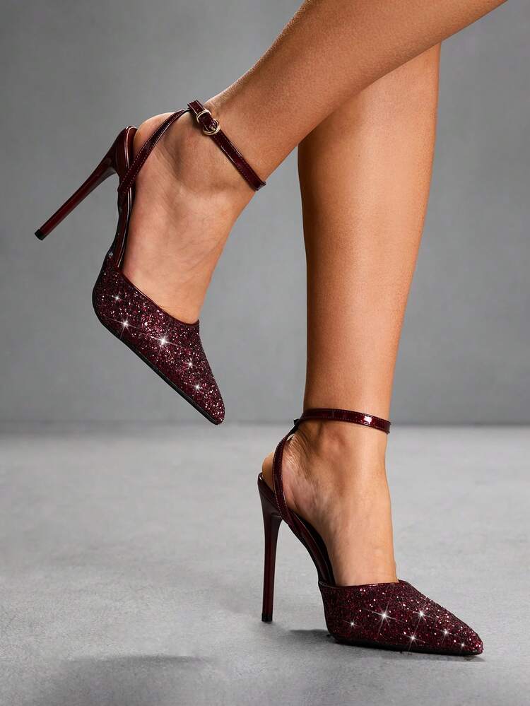 CUCCOO SZL Women Shoes Pointed Thin High Heel Burgundy Glitter Ankle Strap Slingback Women's Shoes Simple Elegant Fashion Sexy Party Banquet Nightclub Women's High Heel Shoes Women's Shoes Spring Shoes