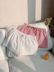 Comfortcana 2pcs Women's New Linen Striped Shorts - Red and White - View 5
