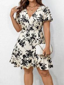 Breezaya Damen elegantes, lässiges Kleid mit Blume Muster, Kurzarm, V-Ausschnitt, Bindung in der Taille, Rüschensaum - Aprikosenfarben - Übersicht 1