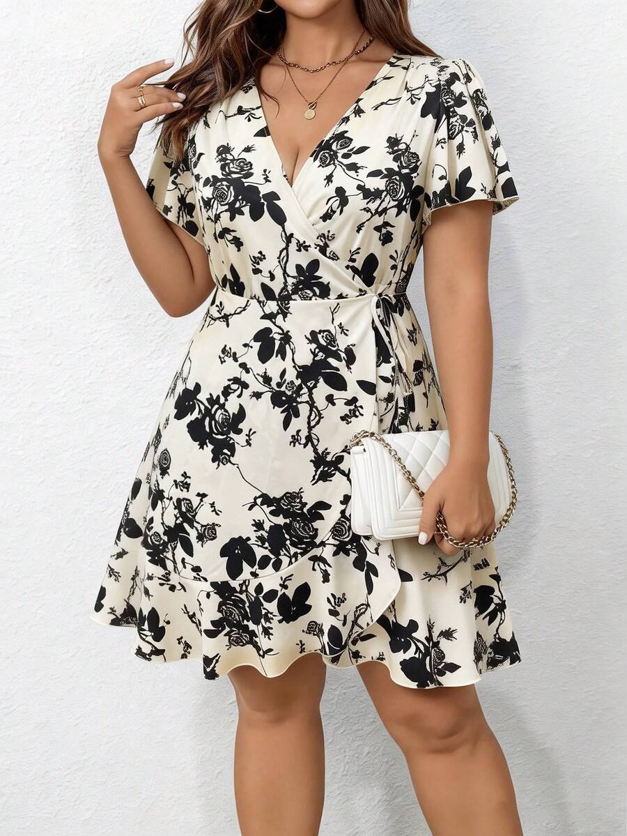 Breezaya Damen elegantes, lässiges Kleid mit Blume Muster, Kurzarm, V-Ausschnitt, Bindung in der Taille, Rüschensaum - Aprikosenfarben - Übersicht 1