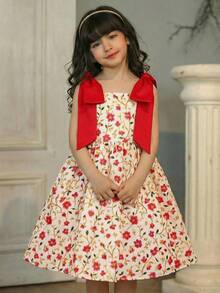SHEIN Young Girl Ditsy Floral Slip Princess Dress,White Summer Party Flower Girl Dress,Woven Contrast Color Square Neck Cherry Dress For Kids Daily Wear - Hot Pink - View 1
