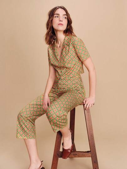lacRébo Olive Geometric Patterned Set With Crop Shirt And High-Waisted Pants Vintage Spring Summer Style French Style Parisian Style Business Casual Two Piece Set Two Piece Trousers Set