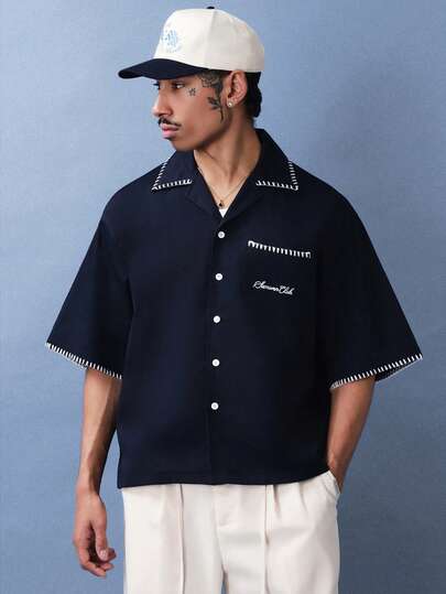 SUMWON Classic Navy Button Down Short Sleeve Shirt With White Contrast Stitching Details For Summer