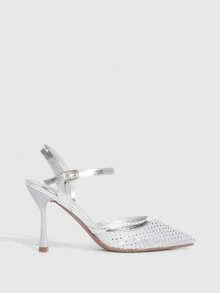 CUCCOO SZL Women's Pointed Toe Stilettos Silver Rhinestone Mesh Fashionable Sexy Party Wedding Ankle Strap High Heels - Silver - View 4