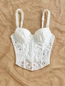 Soleia Plus Size Women's Elegant White Lace Hollow Out Supportive Camisole Top,Summer Beach & Resort,Date Night,Party,Graduation,Vacation Outfits Women - White - View 4
