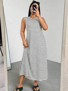 Shapeblank 大码女式夏季连衣裙、女式夏季连衣裙、女式度假连衣裙、女式夏季连衣裙、毕业礼服、商务休闲女式连衣裙、女式办公连衣裙、毕业礼服、新款时尚休闲通勤装、条纹无袖带口袋连衣裙、长款连衣裙、A字连衣裙、黑白条纹连衣裙、休闲连衣裙 - 黑與白 - 查看 5