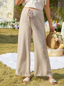 Momance Maternity Waist Tie Hem Embroidered Straight Leg Pants - Apricot - View 4