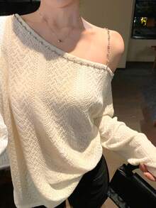 DAZY Women's Spicy Girl Asymmetrical Shoulder Top, Unique Design, Early Spring - White - View 5