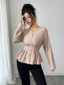 Elenzga Blusa plisada elegante para oficina, trabajo y uso casual - Caqui - Ver 3