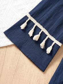 SHEIN Young Girl Vacation Casual Fashion Patchwork Floral Fringe Square Collar Long Sleeve Dress - Navy Blue - View 3