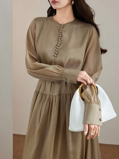 Heiryn Women's Solid Color Round Neck Long Sleeve Elegant Midi Dress, Suitable For Commuting Button Dress Khaki Dress For Women Long Sleeve Dresses Woman Coffee Brown Dress Earth Tone Dress Vacation Outfits Women