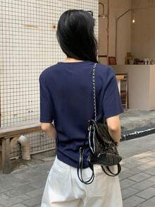 DAZY Áo thun tay ngắn dáng suông, màu trơn, cổ bẻ nửa thân, thích hợp mặc đi làm, mùa xuân/hè. - Màu xanh hải quân - Xem 2