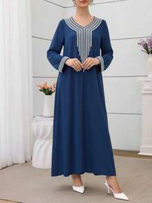 Al Najma 女士宽松刺绣串珠长袍，适合开斋节穿着 - 藏蓝色 - 查看 7