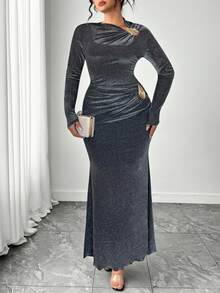 Elenzga Plus Size Women Elegant Sexy Mermaid Long Sleeve Dress, Spring/Summer - Black - View 5