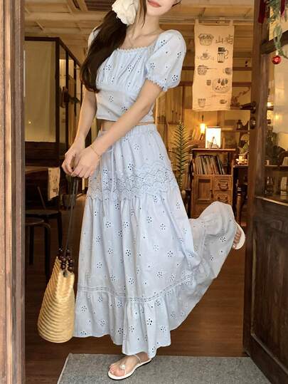 DAZY 女士蕾丝纹理方领短袖上衣和长裙两件套休闲度假夏季套装