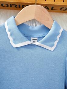 SHEIN Girls' Casual Blue Contrast Collar Waist Knit Dress - Navy Blue - View 4