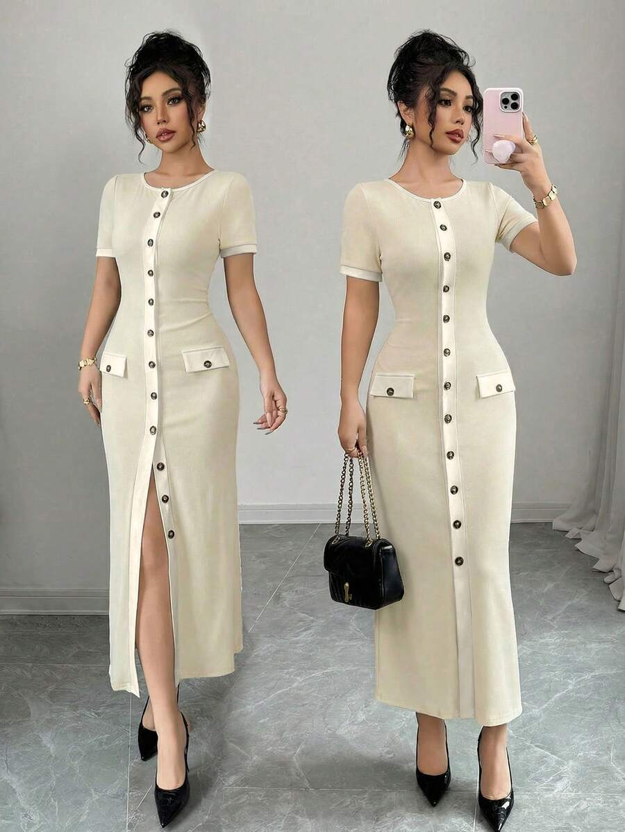 Elenzga 女士春夏派对、都市、社交名媛、法式时尚、甜美、性感修身短袖开衫连衣裙，新款休闲日常拼接圆领纽扣针织黑白撞色长裙，度假 - Pearl White - 查看 1