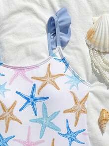 SHEIN Tween Girls Cute Bow Print Shoulder Strap Ruffle Trim One-Piece Swimsuit, Suitable For Swimming, Vacation, Beach In Summer - Blue - View 4