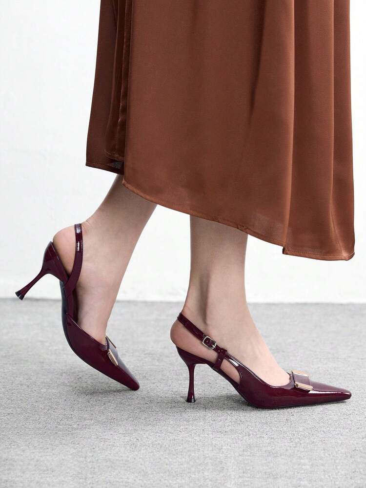 CUCCOO BIZCHIC Women's Burgundy Patent Leather Pointed Toe Metal Buckle Stiletto Heel Ankle Strap Sexy Fashion High Heel Pumps