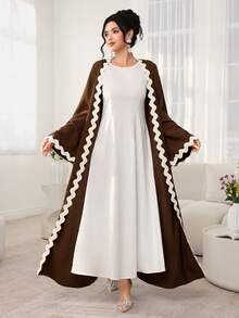 Al Najma Women's Brown Woven Long Sleeve Splice Apricot Ribbon Conservative Arabic Abaya, Spring/Summer - Brown - View 3