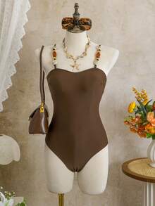 Swim SXY 纯色无钢圈细肩带露背高衩连体泳衣，优雅海滩度假风 - 咖啡棕 - 查看 4
