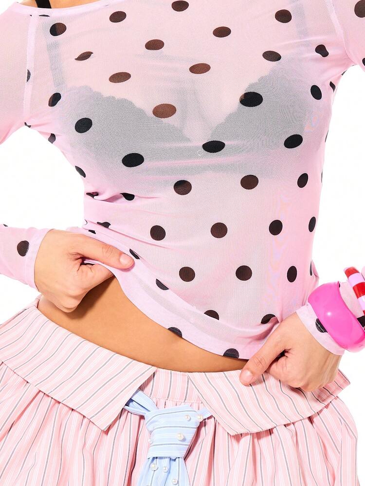SUMWON Polka Dot Long Sleeve Fitted Top With Crew Neckline And Regular Length For Casual Everyday Wear