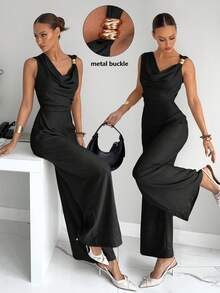 Siren Gaze 女士不对称领口垂褶腰身连体裤，性感优雅通勤连体裤，金属纽扣装饰连体裤，度假连体裤，时尚，通勤，优雅，性感，度假，海滩，夏威夷，垂褶领口 - 黑色 - 查看 6