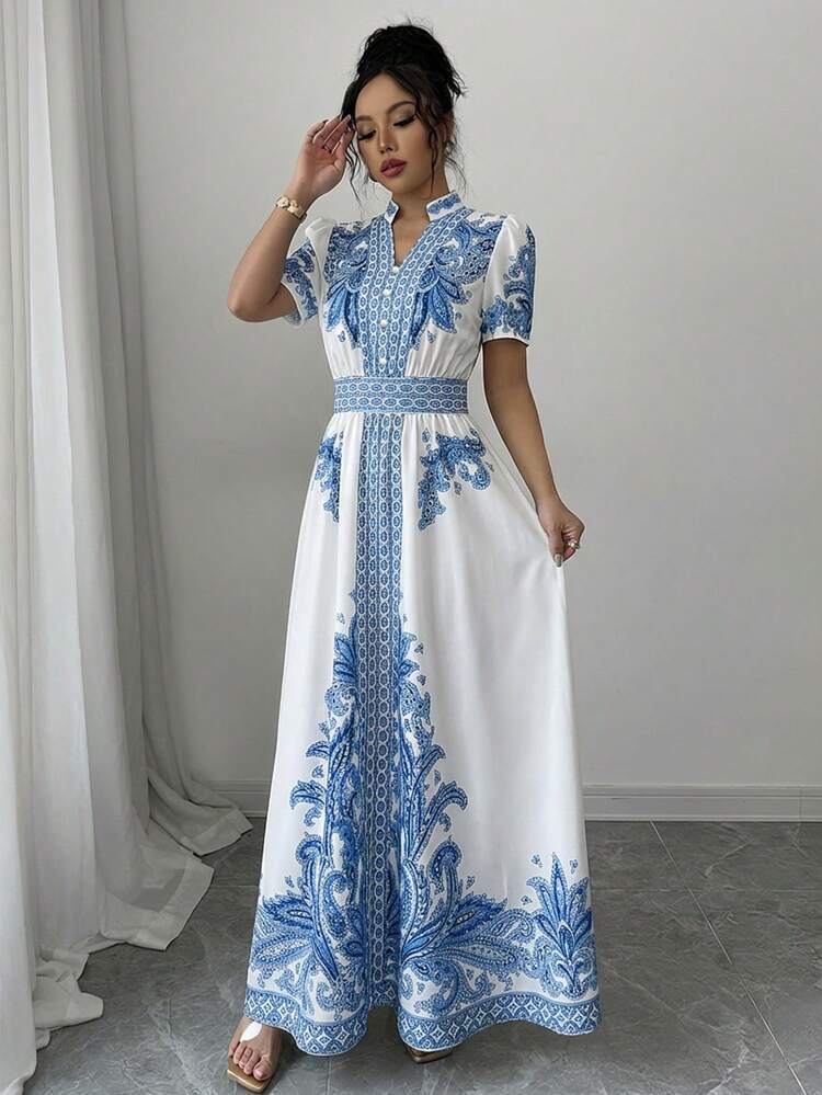 SHEIN Raffinéa 女士优雅长裙，蓝色植物图案，V领，泡泡袖，短袖，A字裙摆，喇叭下摆，梭织面料，开衩设计 - 藍色 - 查看 4