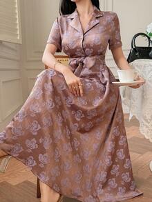 DAZY 女士方领短袖连衣裙，优雅夏季款 - 紫色 - 查看 3