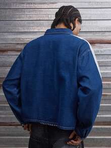 AXEPEAK 男士水洗牛仔夹克，中国风时尚条纹印花长袖休闲外套 - 藍色 - 查看 5
